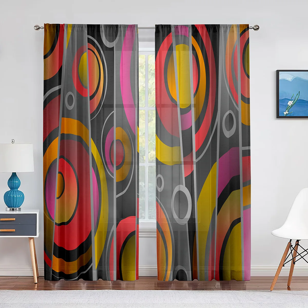 

Circle Geometry Printed Voile Curtain Stripe Line Art Chiffon Window Tulle Curtains Living Room Bedroom Kitchen Drape Home Decor