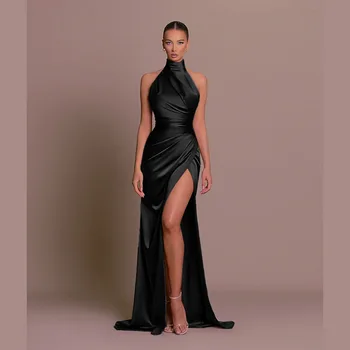 2026 Retro Style Satin Halter Maxi Dress Elegant Waist Slimming High Slit Party Formal Events Solid Color Minimalism Long Skirt