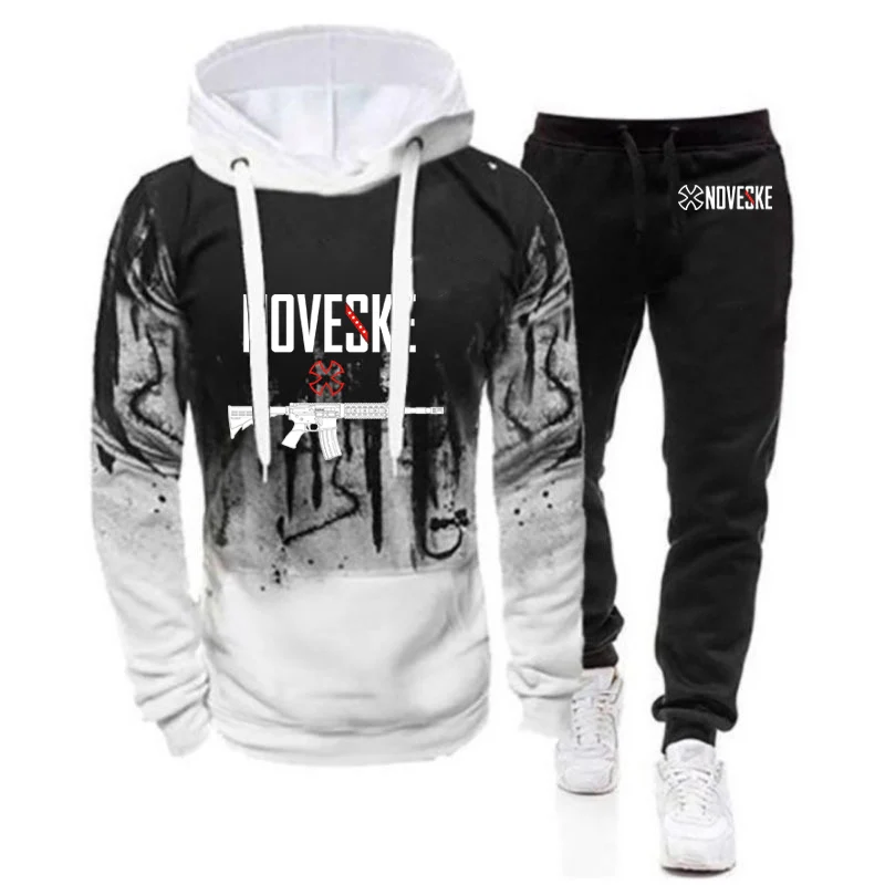 Mens Funny Gun Print Hoodies Leisure Sports Pants Suits