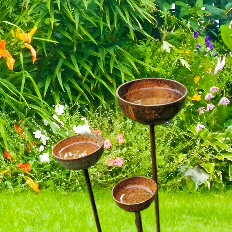 Rain Collectors Rusty Bird Feeder Set Of 3 For Outdoor Garden Decoration Insect Watering Station Bird Feeder Decoration
