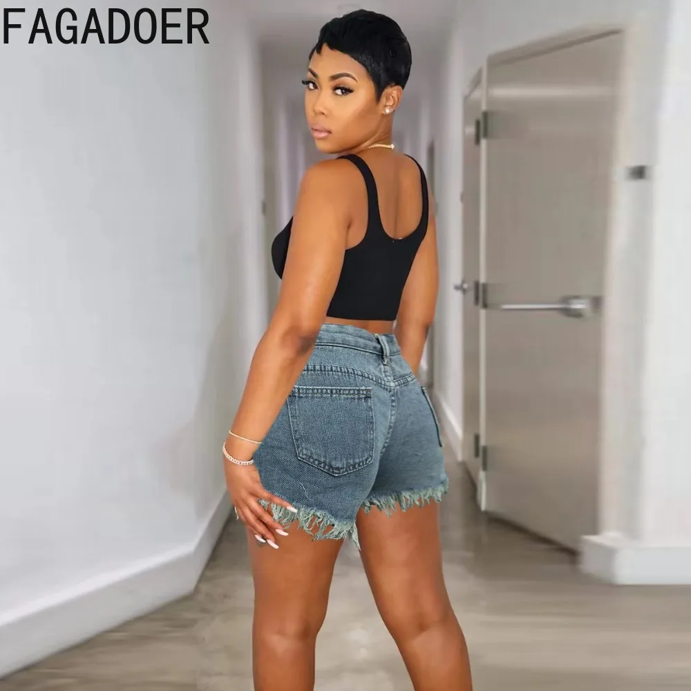 FAGADOER Dark Blue Summer New Denim Hole Tassels Shorts Women High Waisted Button Pocket Jean Fashion Matching Cowboy Bottoms