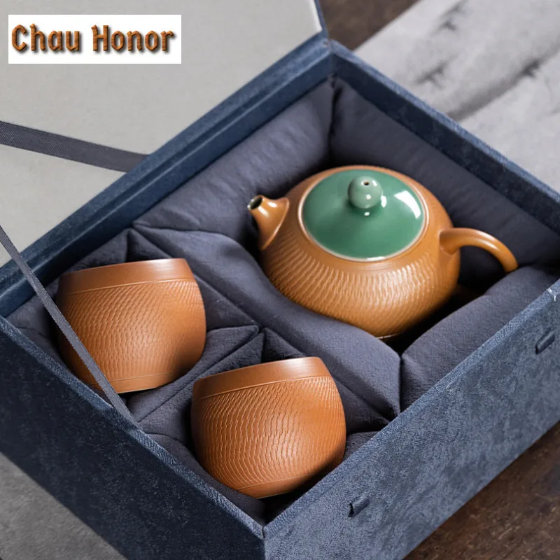Handmade Jumping Knife Longquan Celadon Tea Set Complete Set Ancient Tea Ceremony Set Teapot and Tea Cup Set Tea Item Collection