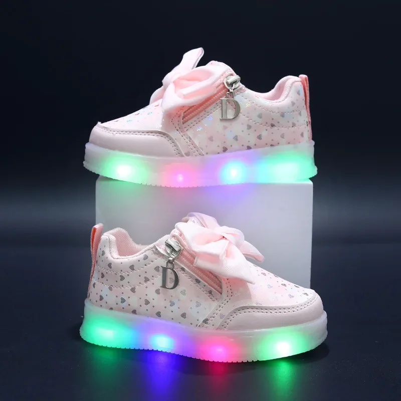 LED Girls Shoes Girls Cute Bow Kids Sneakers Fashion Luminous Sole Children Casual Shoes Zipper Student Walking Shoes Кроссовки 2