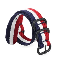 Elegant Black Nylon Woven Watch Strap with Fine Steel Buckle - 22mm (Blue White Red)