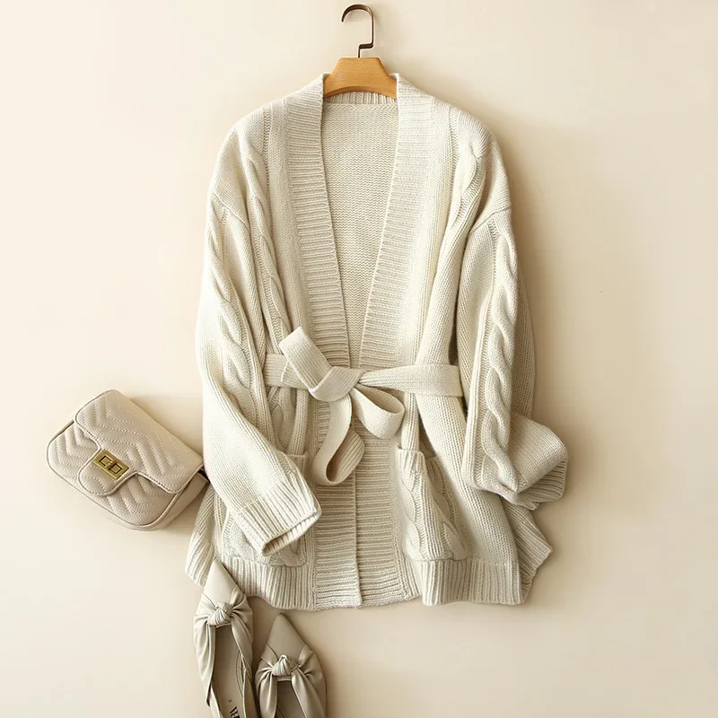 

Роскошный зимний кашемировый кардиган 8 слоев 100%, пальто, женская модная трикотажная одежда, вязаный плотный теплый свитер с v-образным вырезом и поясом