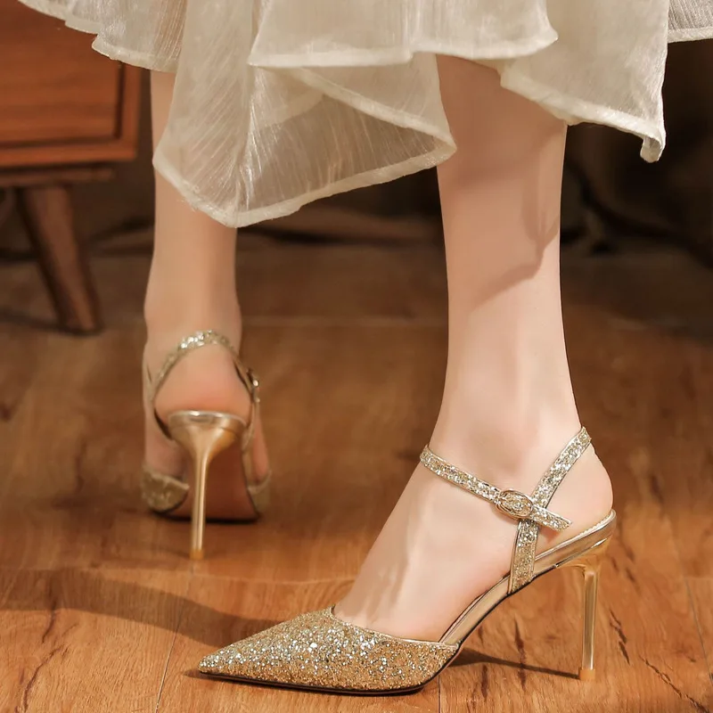 2024 Neues Pailletten-Stirnband, hinten leere High Heels, Sandalen, zwei Tragen, High Heels, High Heels, Eleganz, Pendeln, professionelles Bankett_voghion.com