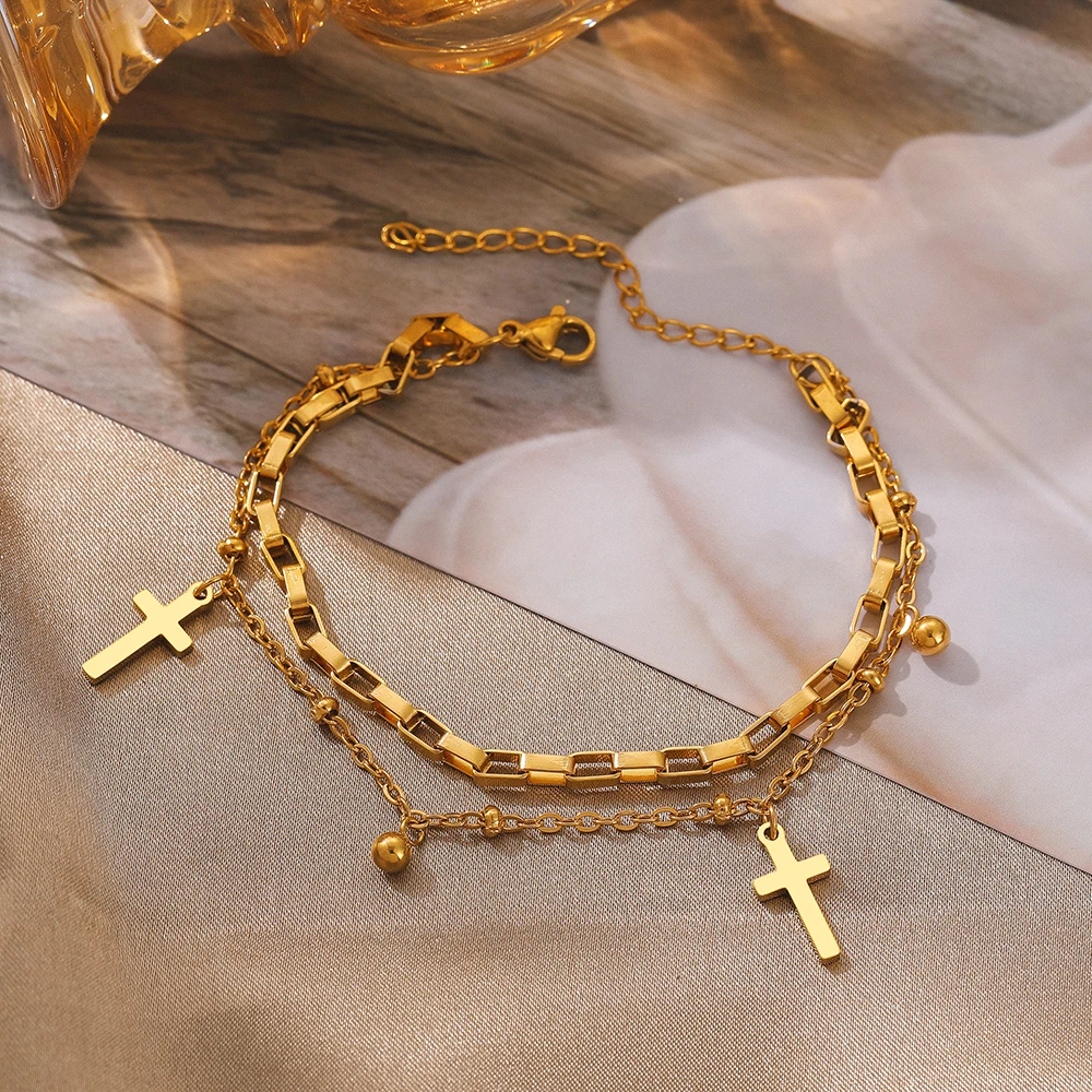 StainlessSteelBraceletsKpopBellGothicCrossPendantBeadsLayer