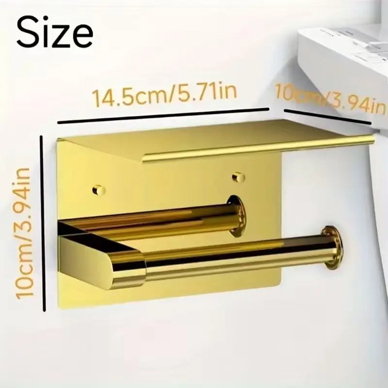 Luxurious Golden Toilet Paper Holder with Phone Shelf - 304 Stainless Steel, Polished Self-Adhesive Wall Mount, No-Drill Install