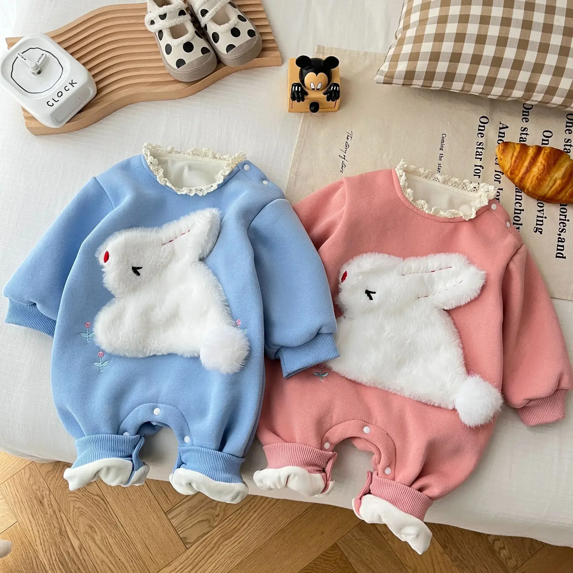 

2023 winter new in infant baby girls cartoon bunny romper - kids newborn thick plush flocking embroidery flower jumpsuits 0-24M