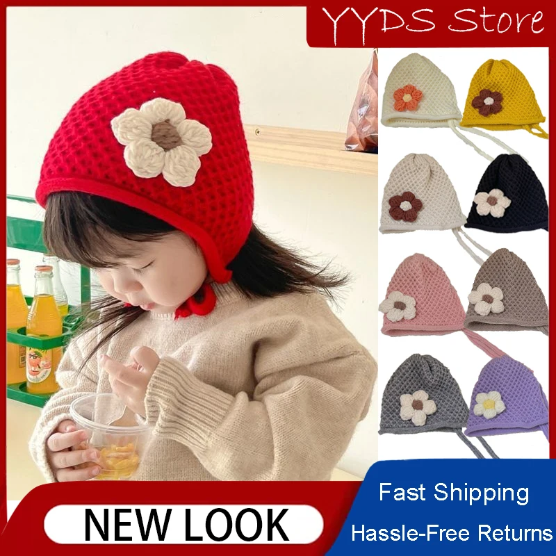 Winter Girls Princess Hat Three-dimensional Hand Hook Flowers Children's Hats Baby Knitting Wool Tied with Windproof Warm Cap