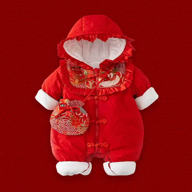 

Winter Baby Chinese New Year's Tang Suit Clothing Spring Festival Girls Quilted Padded Romper Red Newborn Hooded Jumpsuit Outing