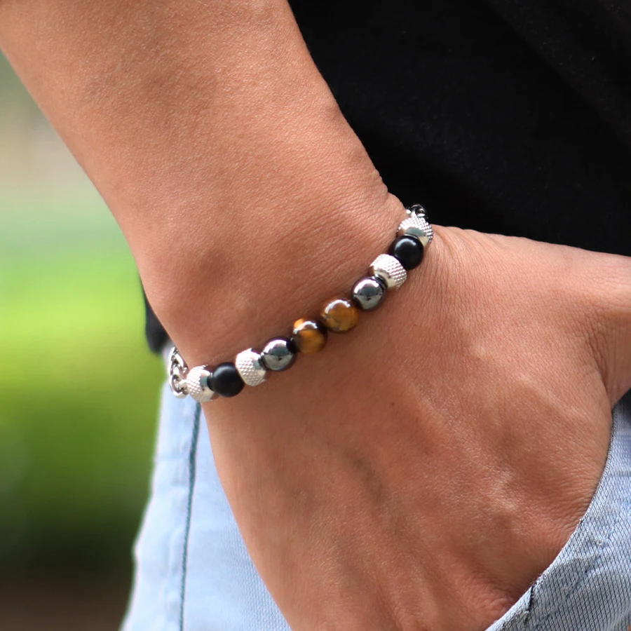 Stainless Steel Cuban Chain Bracelet for Men with Tiger Eyes Stone