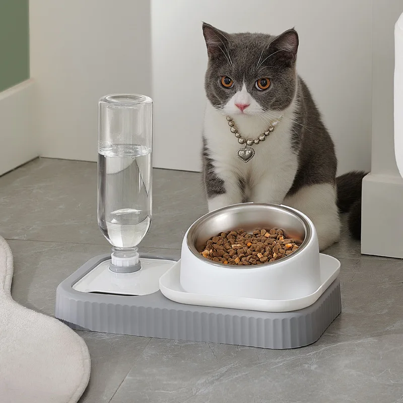 

OUZEY Stainless Steel Cat Food Bowl Pet Feeding And Water Two-in-One Non-Slip Large Capacity Dog Dishes Automatic Drinker Cats