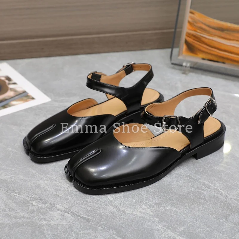Women's Black Tabi Loafers Ankle Buckle Slingback Sandals Summer New Vintage Dress Shoes Fashion Genuine Leather Female Shoes