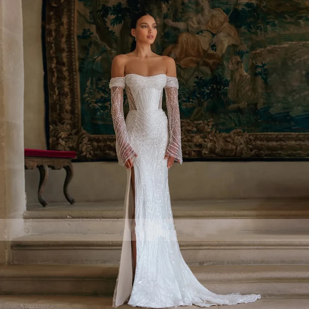 Modern Elegant Wedding Dresses Off The Shoulder Bridal Gowns With Detachable Train Lace Appliques Vestidos De Novia Customized 4