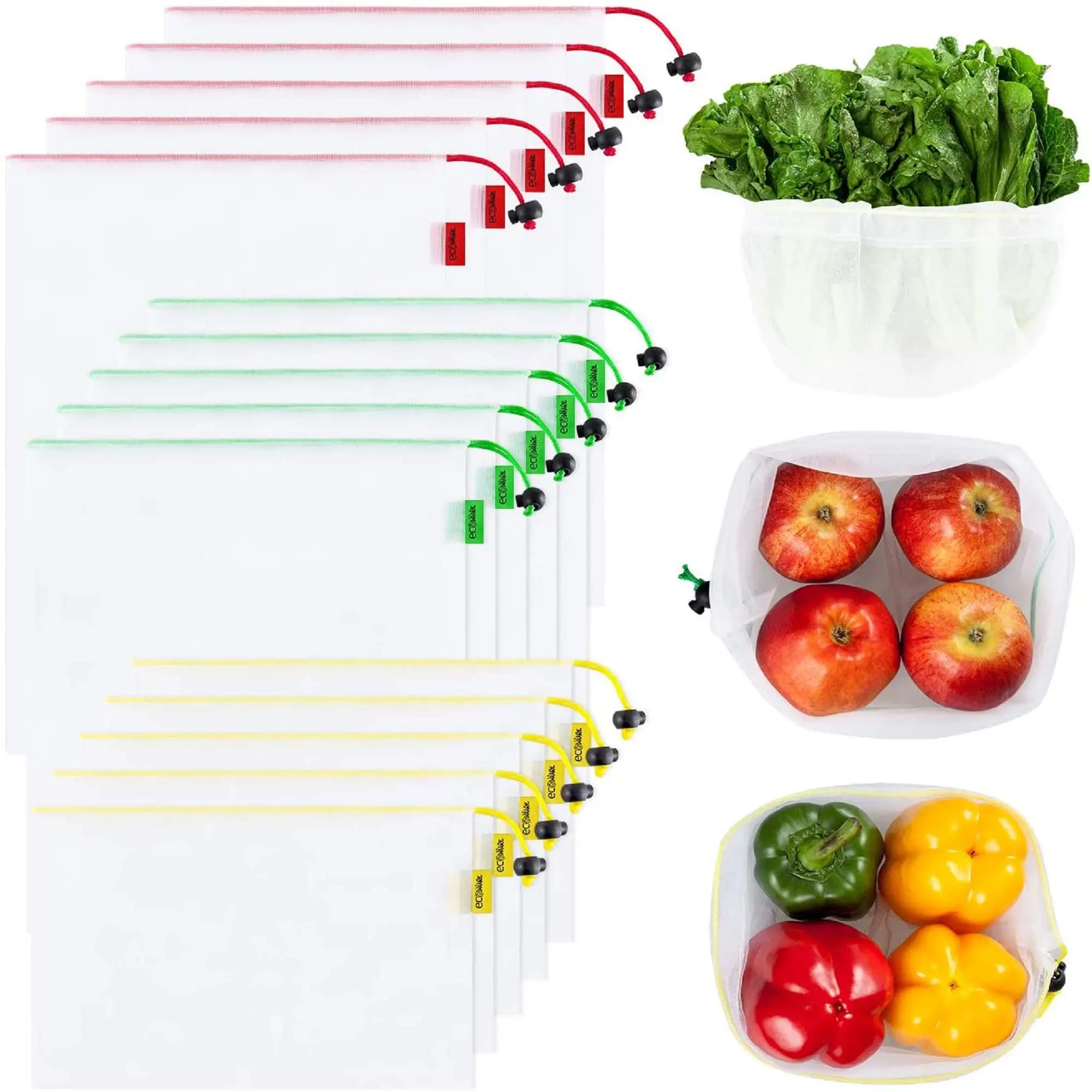 

15 Pack Reusable Produce Mesh Bags for Grocery Shopping,Fruits,Vegetable, 3 Sizes Washable Produce Bags with Colorful Drawstring