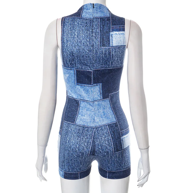 Jeans Print Summer Casual Rompers Women Sexy O Neck Sleeveless Slim Shorts Jumpsuits Fashion Streetwear Playsuits