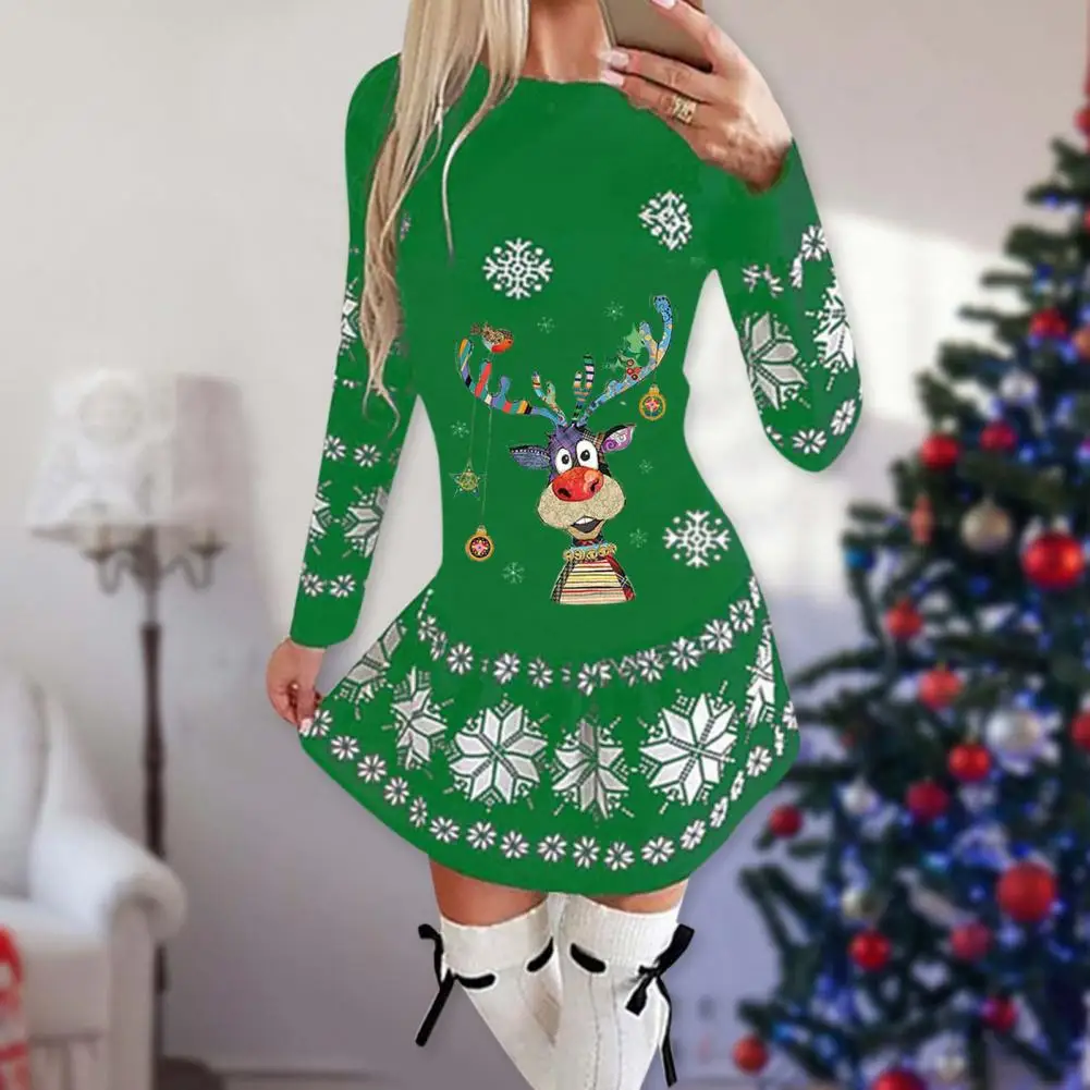 Polyester Party Dress Eco-friendly Spring Autumn Female Dress Beauty Christmas Snowflake Printed Dress for Outdoor