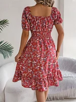 Msfilia Leisure Square Collar Spring Summer Dress Women Short Sleeve Loose Waist Design Lotus Leaf A-shaped Print Dress - Image 5