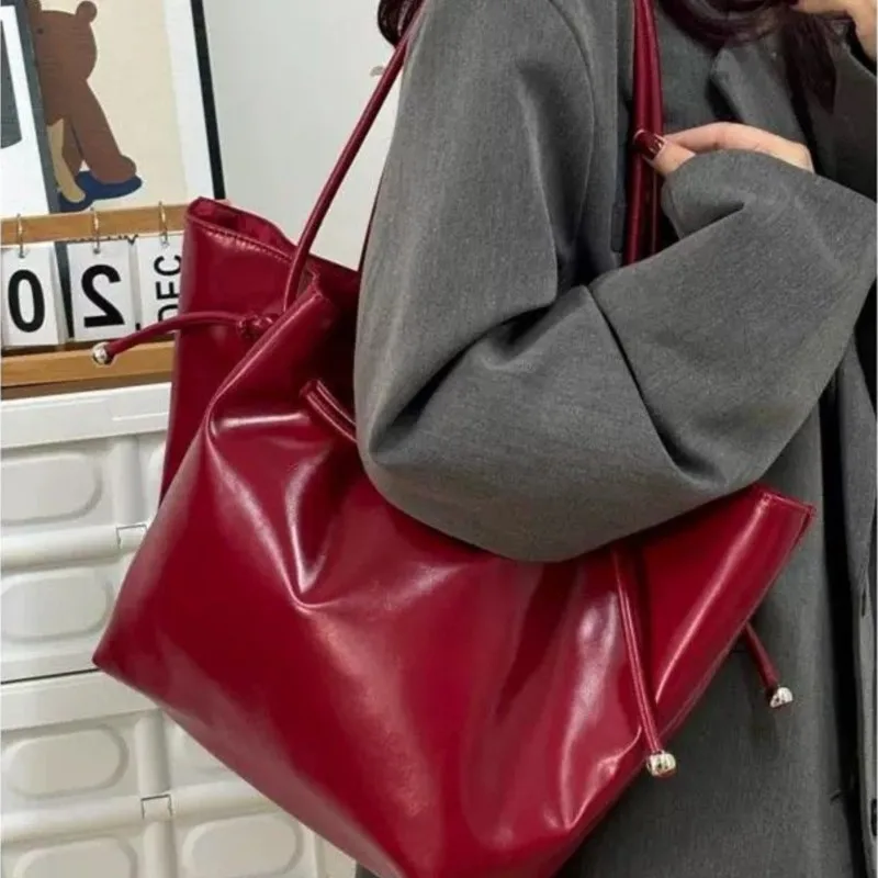 JIAERDI Retro Drawstring Wrinkled Tote Bag Women Leather Large Capacity Handbag Ladies Fashion Premium Red Shoulder Bag 2025 New