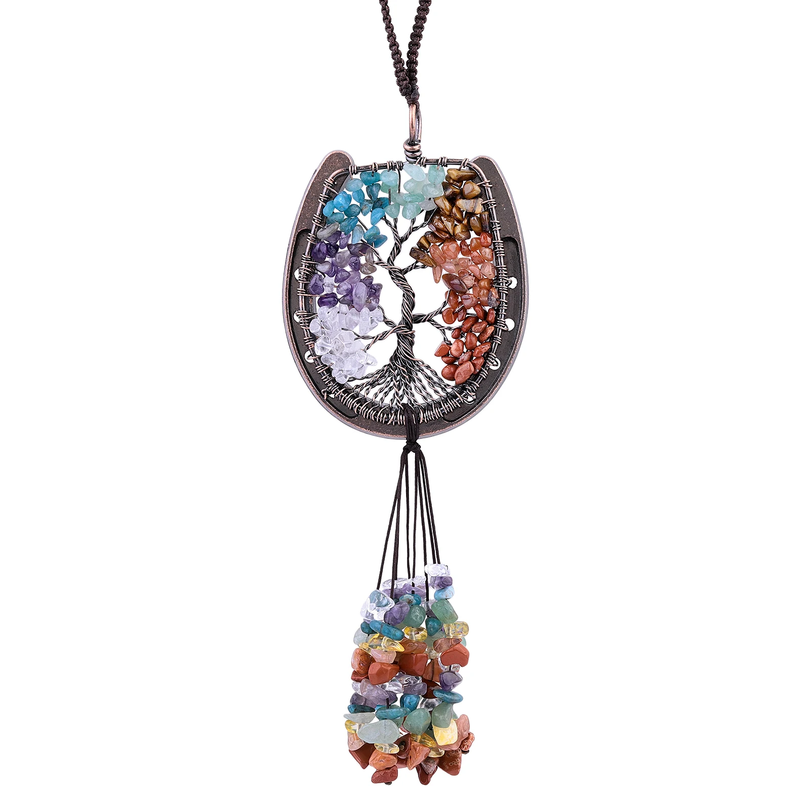 Natural Crystal Horseshoe Tree of Life Hanging Ornament For Car Rear View Mirror Crystal Wall Hanger for Window Home Decoration