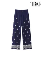 TRAF سراويل مستقيمة عصرية مطرزة من الكتان للنساء بنطلون كاحل عتيق بخصر عالٍ وسحّاب للنساء 1