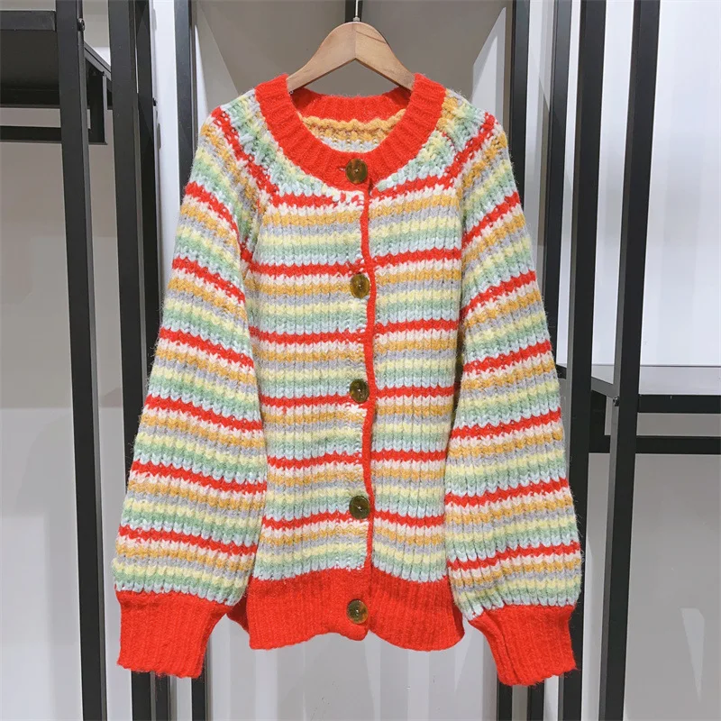 Cardigan Women Early Spring New Year's Classic Vintage Loose Crochet Colorful Stripe Cardigan