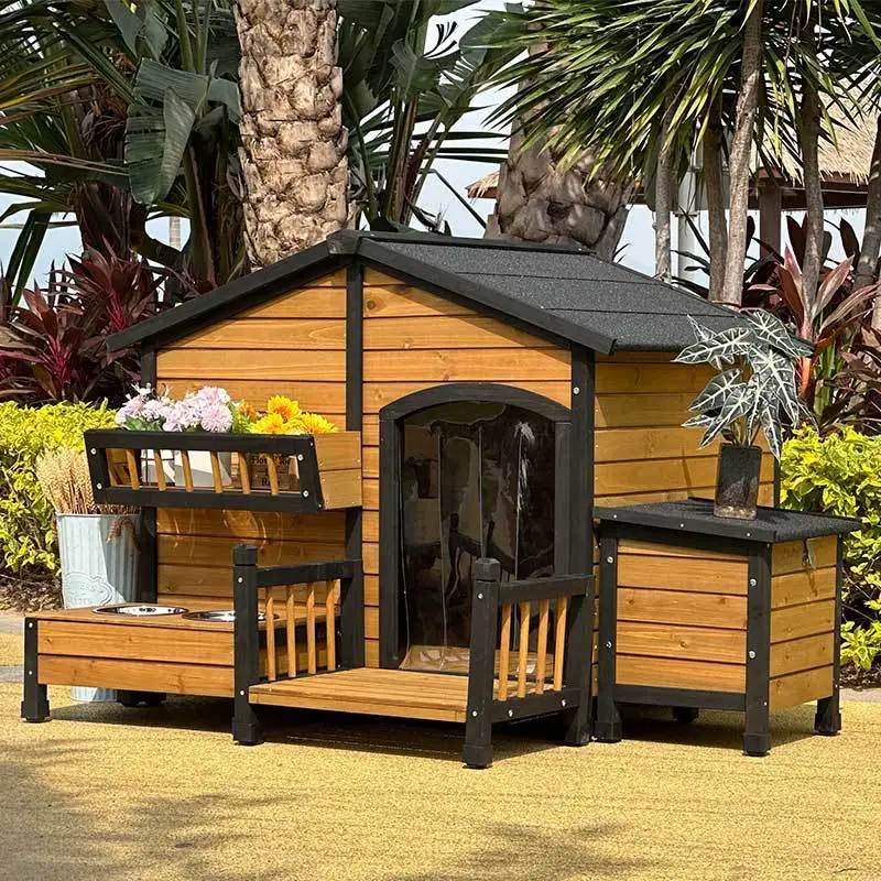 Supplier reference photo of a wooden dog house with porch and side feeding station