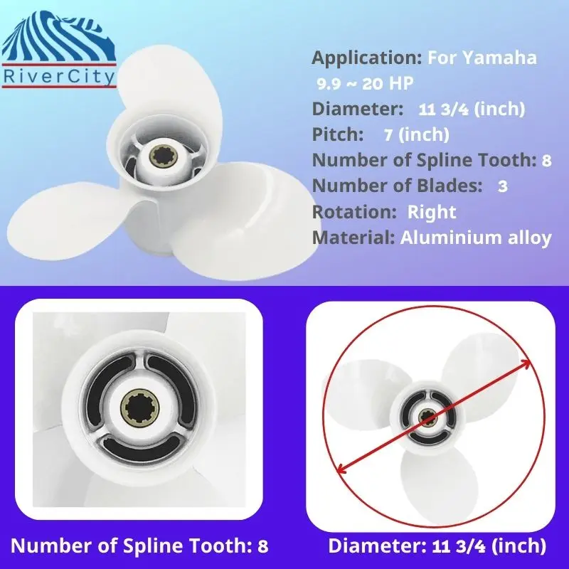 Outboard Propeller Yamaha 9.9hp 15hp 20hp 11 3/4x7 Boat Aluminum Alloy Screw 3 Blade 8 Spline Marine Engine