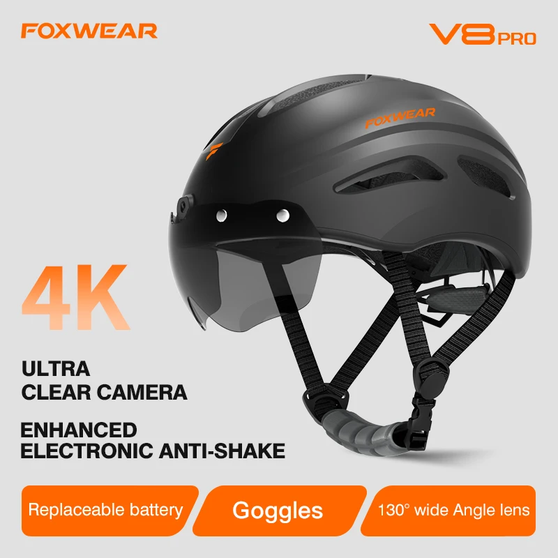 Foxwear V8 Pro 4K 스마트 헬멧, 카메라 경고 테일 라이트 안전 캡, 전기 자전거 스쿠터 스케이트보드용, 남녀공용