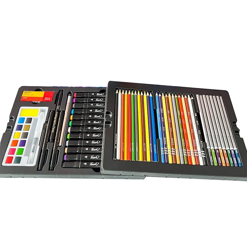 63PCS 브러쉬 세트 그림 그리기 용품 미술 유화 스틱 도구 수채화 펜 크레용 연필 그래피티 선물 상자