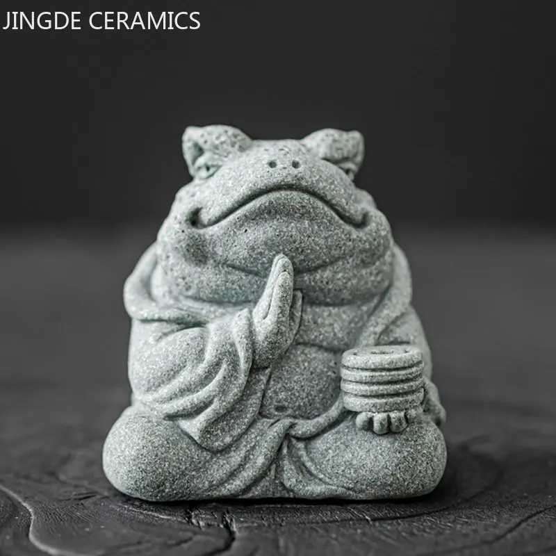 Creative Handmade Stone Tea Pet Decoration Gold Toad Green Sand Stone Animal Statue Fish Tank Landscape Home Tea Tray Ornaments