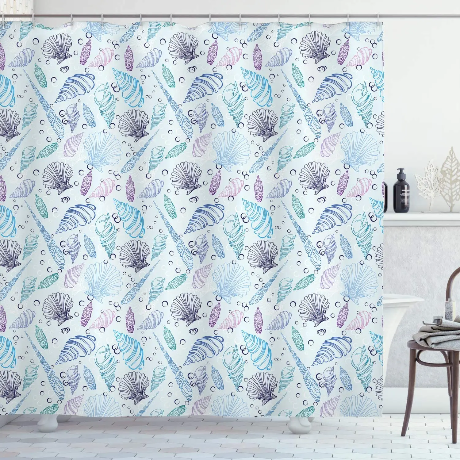 Nautical Shower Curtain, Various Sea Shell Pattern Underwater Bubbles Ocean Maritime Print, Cloth Fabric Bathroom Deco