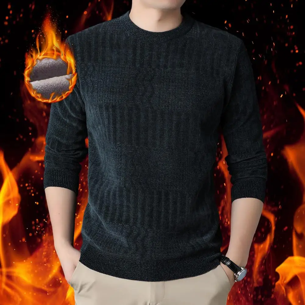 

Men Solid Color Sweater Round Neck Men Sweater Cozy Men's Knitted Sweater Thick Warm Stylish Pullover for Fall Winter with Plus