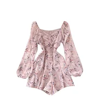 Korean New Spring Summer Chiffon Jumpsuit V-neck Puff Sleeves Folds Slim Slimming Floral Wide-leg Shorts Jumpsuit  UK770 - Image 6