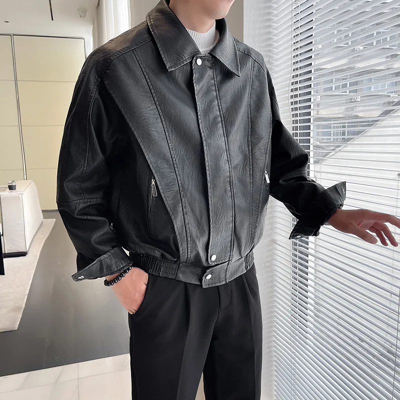 2023 winter short pu leather with plush thick coat men's autumn  trendy brand loose luxurious pilot motorcycle jacket