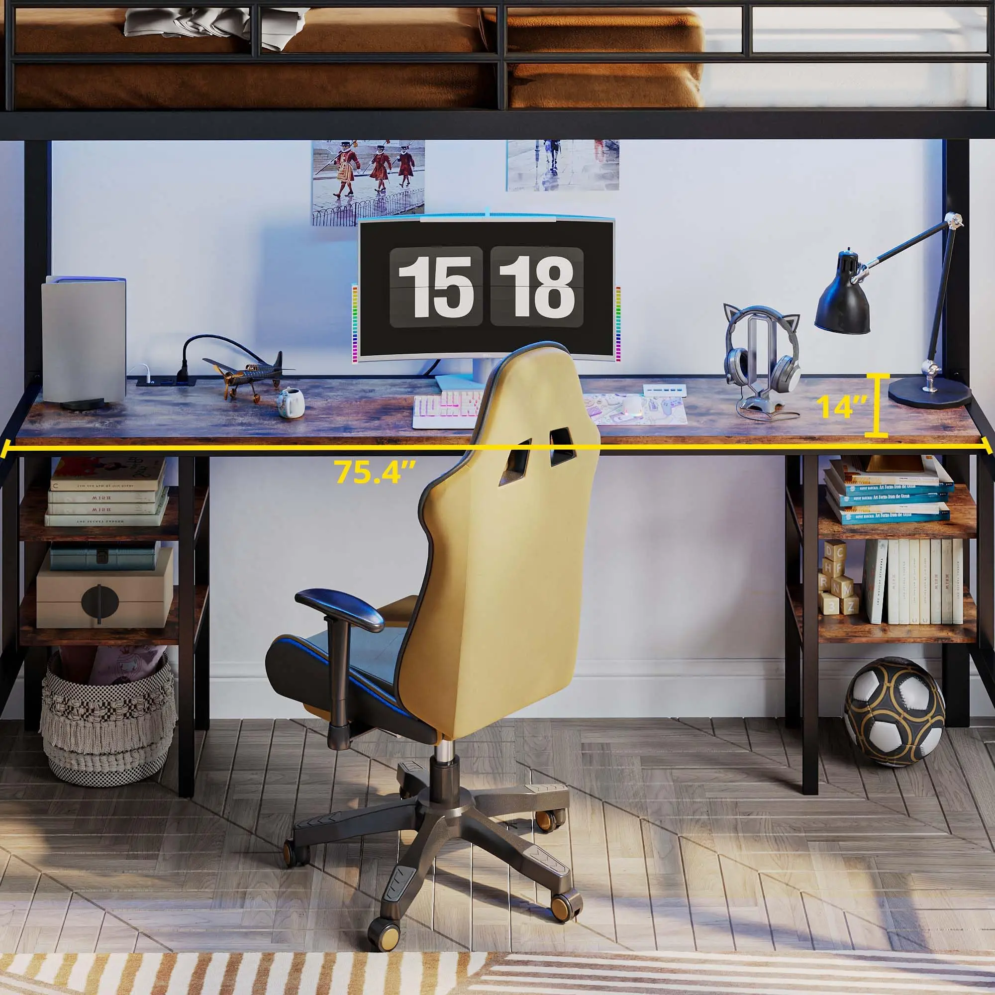 ANCTOR Loft Bed Twin Size with Desk and 4 Storage Shelves, Metal Loft Bed Frame with Power Outlet and LED Lighted, Black