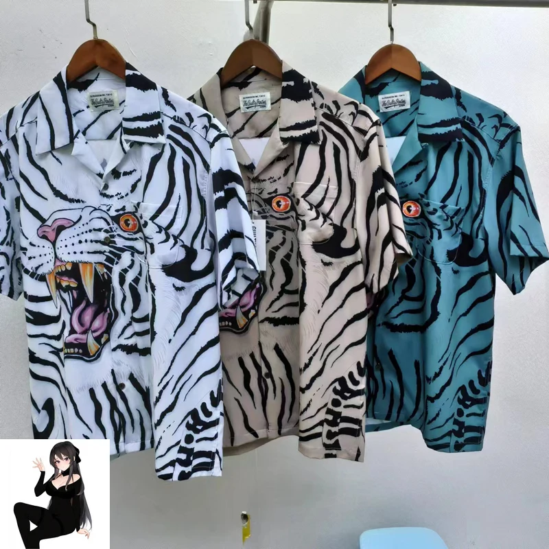 Tiger Head Print White Blue Khaki High Quality Men Women Loose Streetwear Short Shirt Japan
