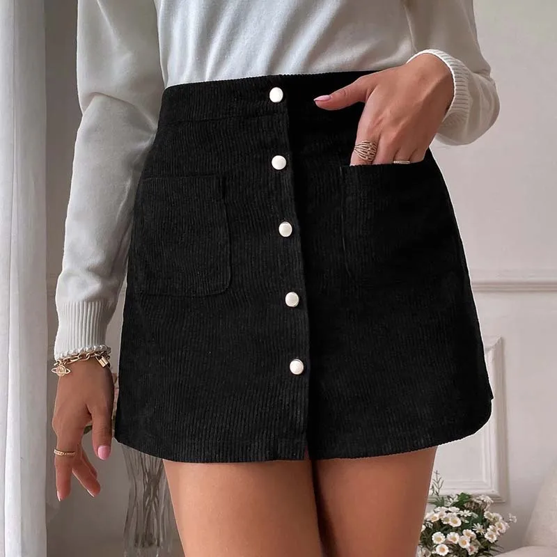 

Короткая юбка, однобортная Вельветовая короткая мини-юбка, закрывающая бедра, Модная элегантная Офисная Женская одежда с высокой талией
