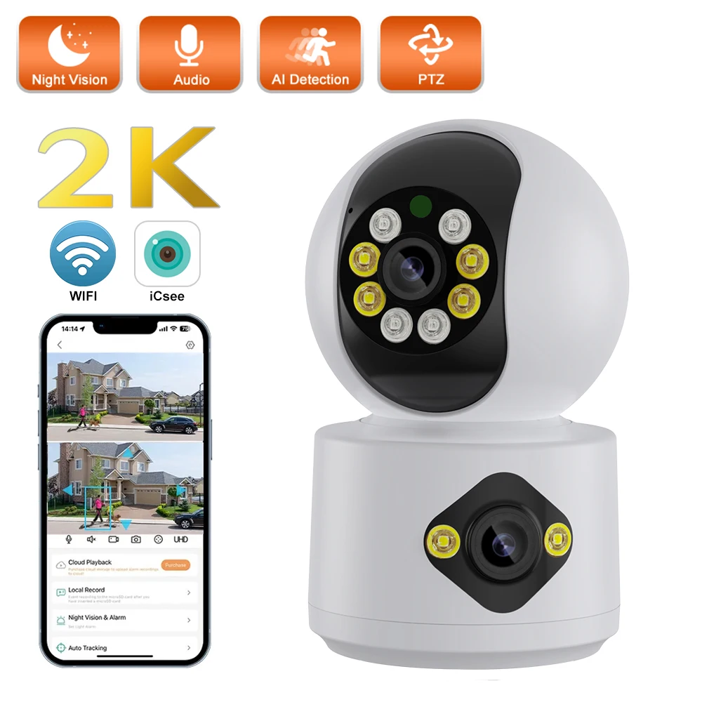 PEGATAH 4MP WiFi Camera with Dual Screens Baby Monitor Night Vision  Indoor PTZ Security Cam Wireless CCTV Surveillance Cameras tuya wifi ip camera indoor 1080p hd night vision ai detection surveillance cameras for pet baby monitor with alexa