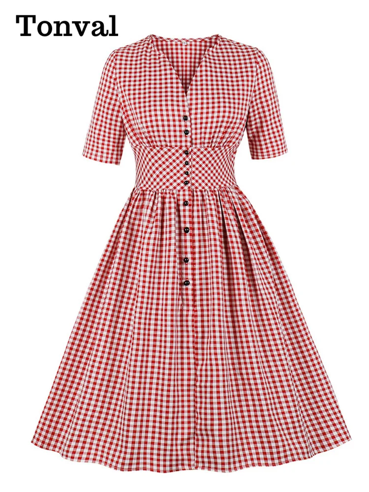 

Tonval Retro High Waist Red Plaid Single Breasted Tunic Pleated Dress Women V-Neck Half Sleeve Vintage Gingham Print Dresses