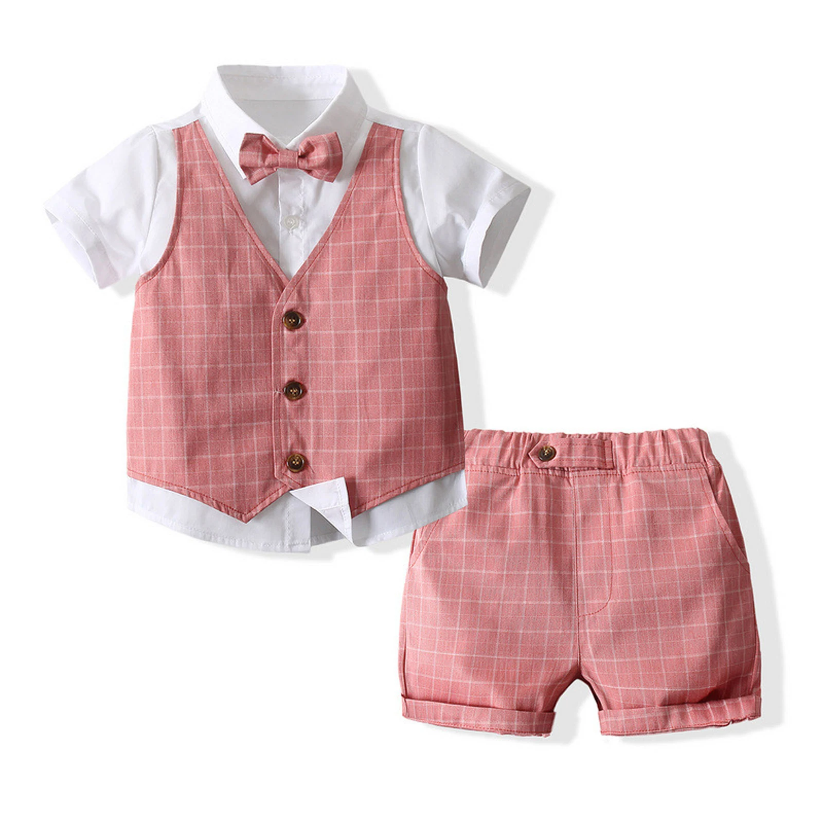 

Toddles Boys Outfit Set Gentleman Short Sleeve Fake Two Piece Button Closure Top with Elastic Waistband Shorts and Bow Tie