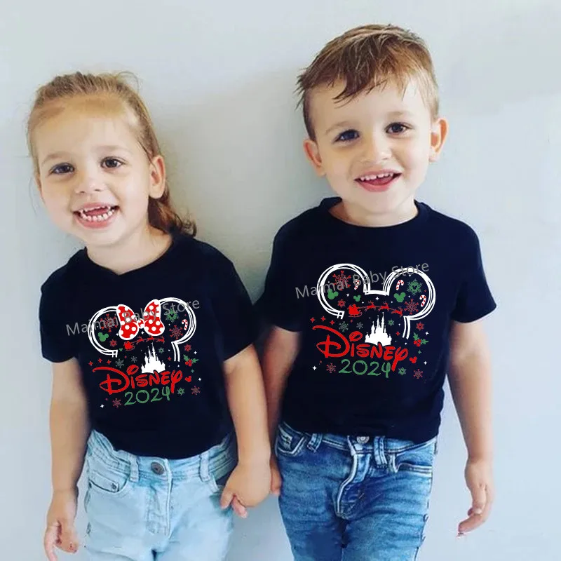 Disney 2024 Christmas Shirts Funny Mickey Minnie Print Family Matching Christmas Tshirts Dad Mom Kids Disneyland Xmas Outfits 2