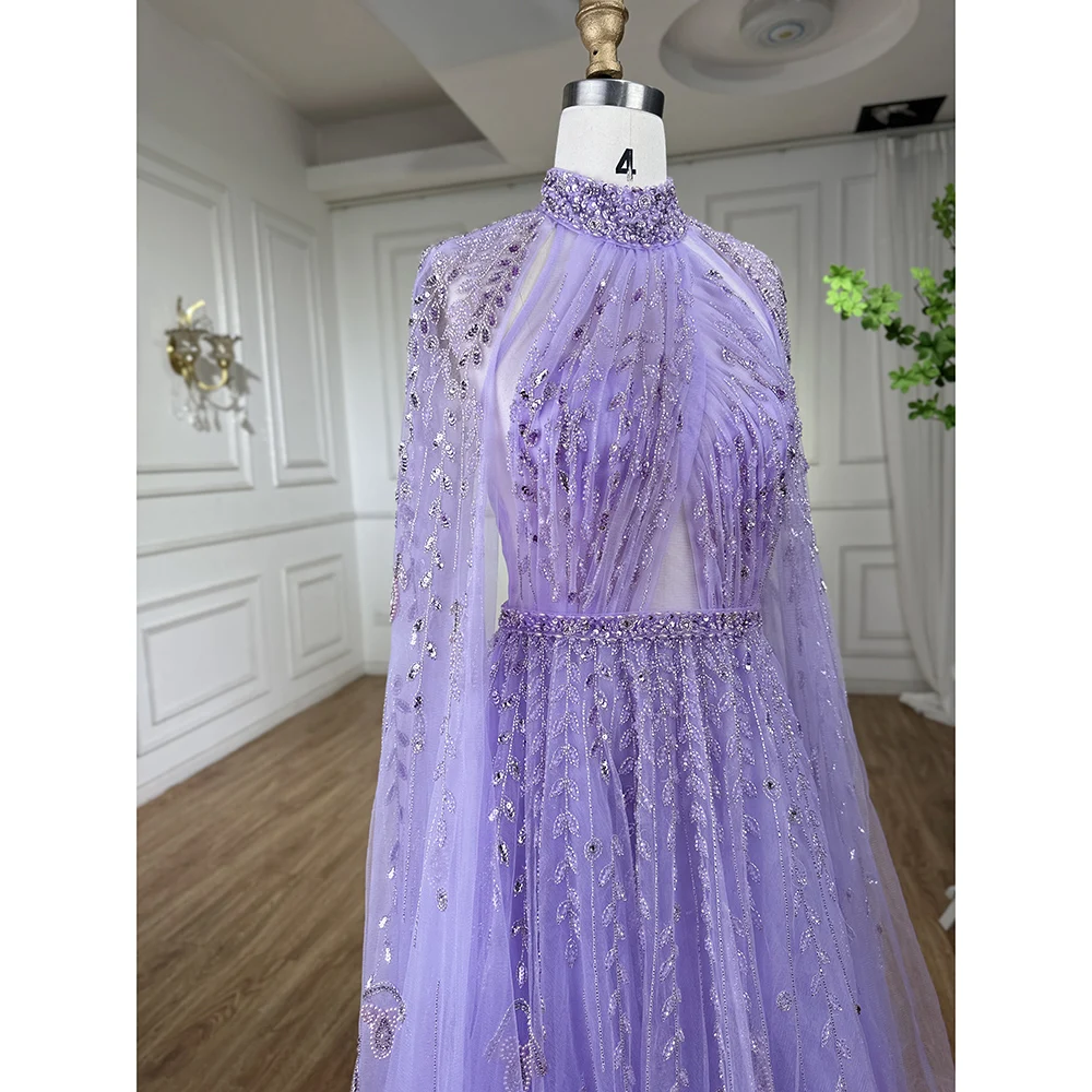 Serene Hill Dubai Arabic Luxury Nude A Line Beaded Evening Dresses With Cape Sleeves Gowns For Women  Wedding Party 2023 LA71803