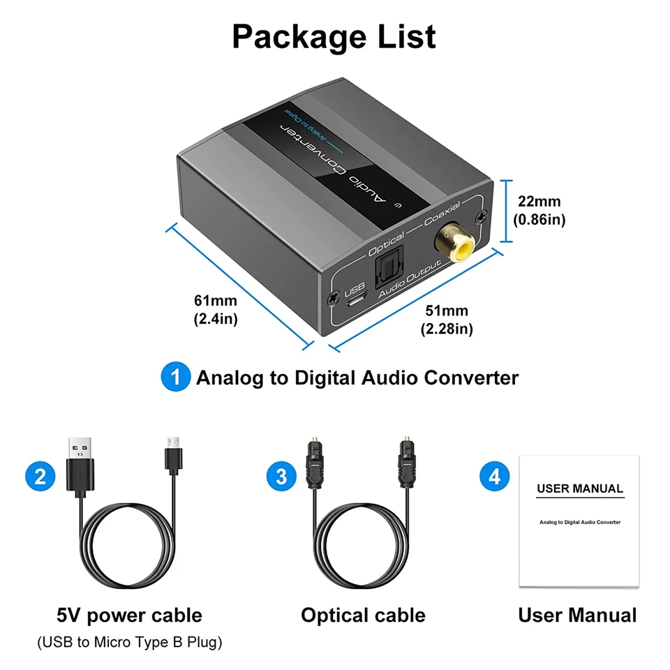 96KHz Analog to Digital Audio Converter With RCA 3.5mm Jack Stereo to Optical To