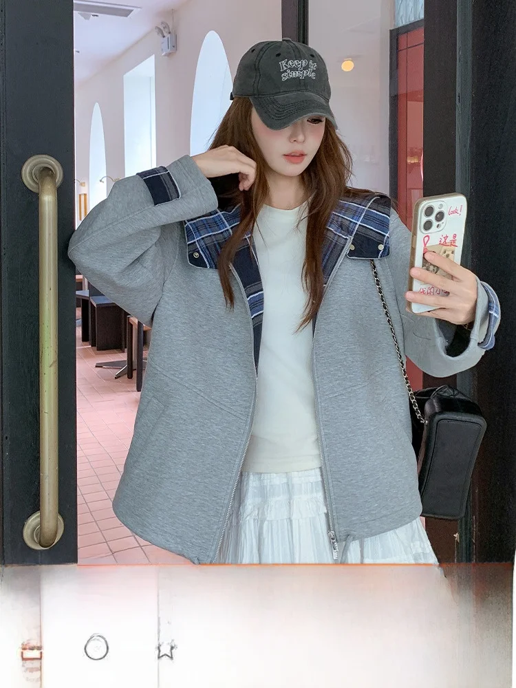 캐주얼 그레이 후드 짧은 스웨트셔츠 재킷 여성 봄 가을 인기 멋진 하이엔드 틈새 재킷 탑