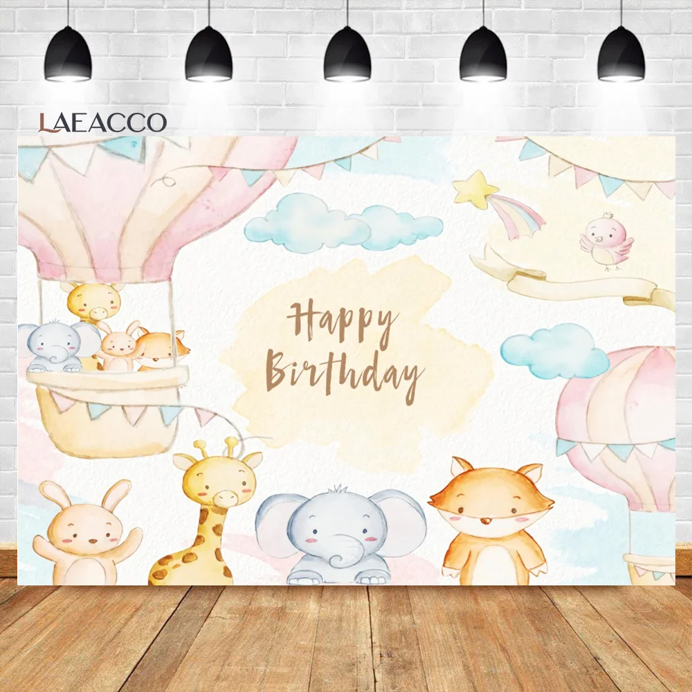 Happy Birthday Backgrounds Hot Air Balloon Jungle Animals Safari Party Newborn Photocall Photography Backdrop Laeacco photo backdrop photo wallpaper party decoration covers