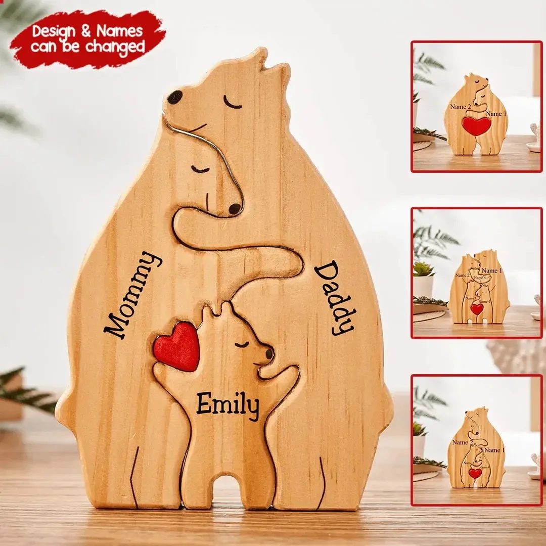 Personalized Name Custom Home Decor Art Wooden Bear Family Puzzle Thanksgiving Christmas Heartwarming Gift for Baby Mom
