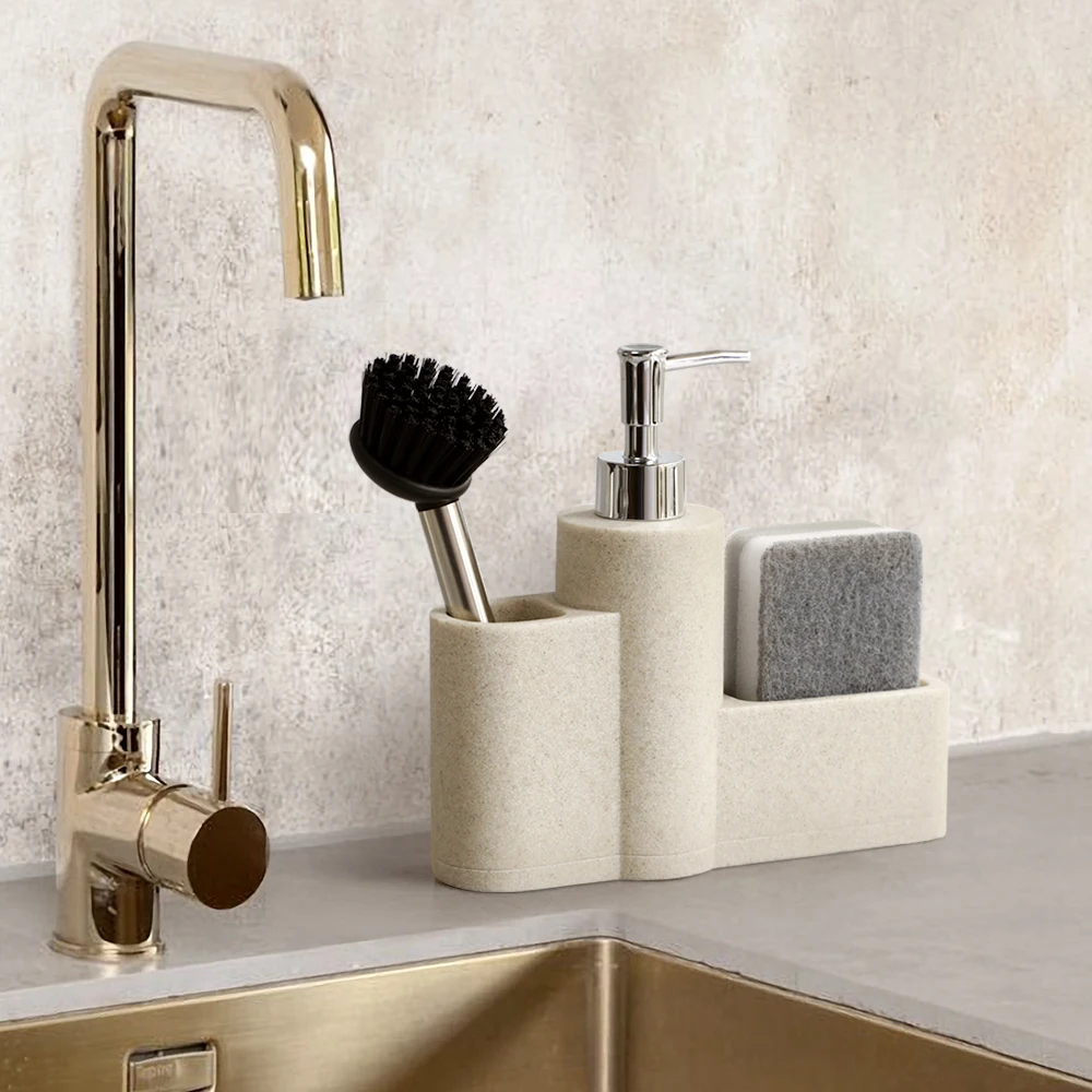 Kitchen Soap Dispenser Marble Look Liquid Hand Dish Soap Dispenser Pump Bottle Sink Dish Washing brush Sponge Holder 3 in 1