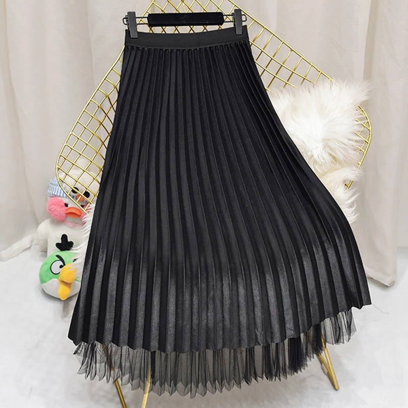 2021 New Spring Summer Autumn High Waist Sequin Half Length Skirt Pleated Skirt A-line Mesh Lady Girl golf skirt